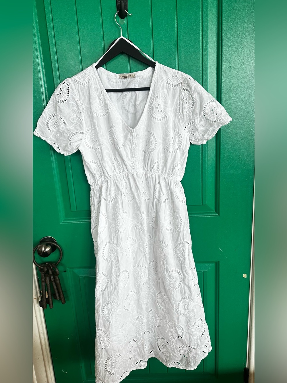 White Eyelet V‑Neck Midi Dress with Elastic Waist